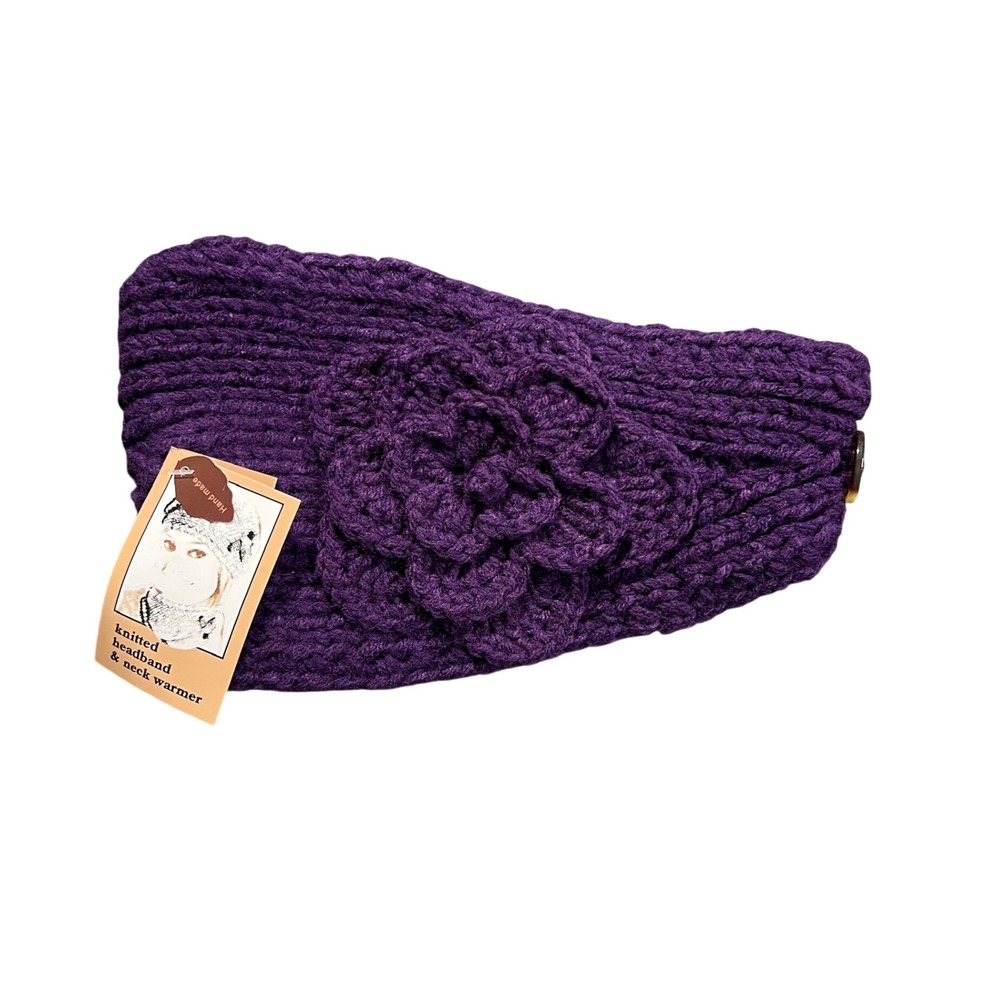 NWT C.C Exclusives Purple Knitted Headband Neck Warmer Flower Button Angel 45